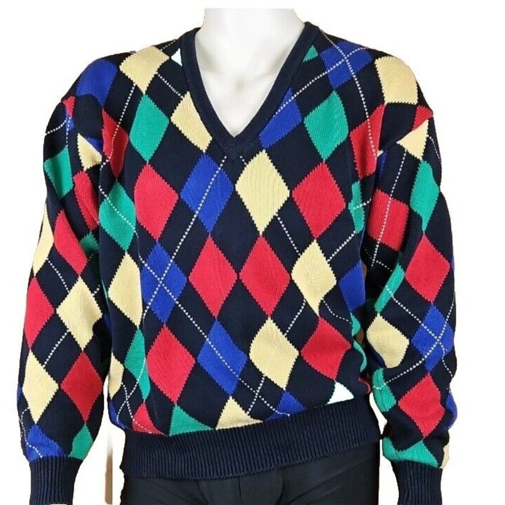 Pringle Argyle Sweater Mens L Preppy Cotton Heavyweight V Neck Golf Hong Kong